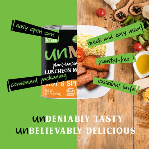 Plant-based luncheon meat hot and spicy flavor can and a plate of food with text highlighting benefits on a green and wooden background.