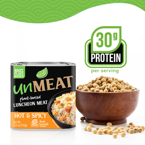 Can of 'UnMeat' plant-based luncheon meat hot and spicy flavor with a bowl of beans and protein information on a white background.
