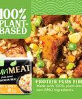 Plant-based luncheon meat hot and spicy flavor with rice and vegetables on a green background