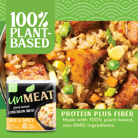 Plant-based luncheon meat hot and spicy flavor with rice and vegetables on a green background