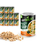 Twelve cans of UnMeat Italian Style Wedding Soup can with soybeans on a white background
