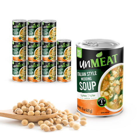 Twelve cans of UnMeat Italian Style Wedding Soup can with soybeans on a white background