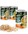 Three cans of 'unMEAT' Italian Style Wedding Soup with a wooden spoonful of beans on a white background.