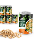 Six cans of UnMeat Italian Style Wedding Soup cans with a wooden spoonful of beans on a white background