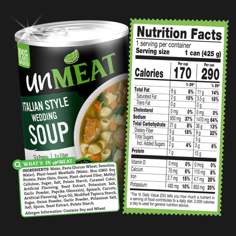 UnMeat Italian Style Wedding Soup packaging with nutrition facts label on a black background