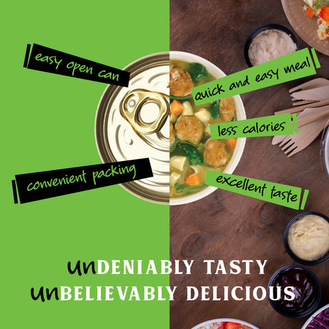 Split image with a can of soup on one side and a bowl of Italian wedding style soup on the other, with text highlighting benefits.