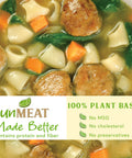 Plant-based Italian wedding style soup with noodles, carrots, and greens, labeled 'unMEAT Made Better'.