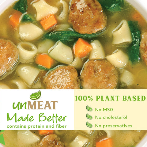 Plant-based Italian wedding style soup with noodles, carrots, and greens, labeled 'unMEAT Made Better'.