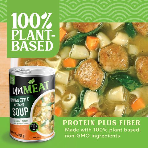 Can of unMEAT Italian Style Wedding Soup with text highlighting plant-based and protein fiber content on a green background.