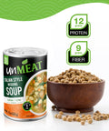 Can of 'unMEAT' Italian Style Wedding Soup with a bowl of beans and protein and fiber information on a white background.