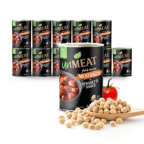 Twelve cans of Unmeat plant-based meatballs in spaghetti sauce with soybeans on a white background