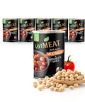 Six cans of 'UnMeat' plant-based meatballs in spaghetti sauce with soybeans and a tomato on a white background.