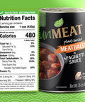 Can of plant-based meatballs with nutrition label on a green background