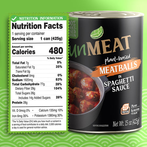 Can of plant-based meatballs with nutrition label on a green background