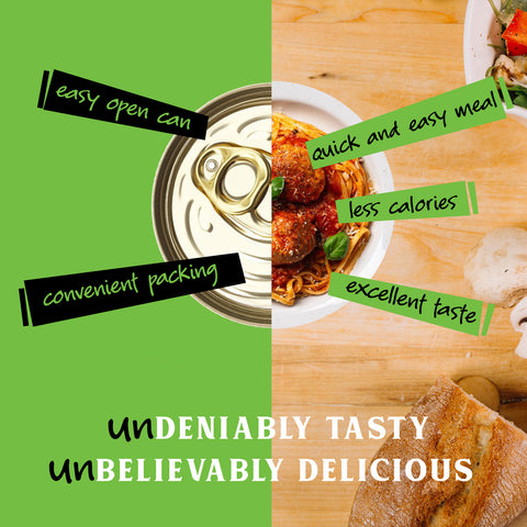 Split image with a can on one side and a plate of spaghetti and meatballs on the other, with text highlighting benefits.