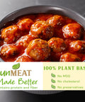 Dish of plant-based meatballs with sauce and 'unMEAT' branding and health benefits text.