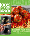 UnMEAT plant-based meatballs in spaghetti sauce with a can of UnMEAT in the foreground on a green background.
