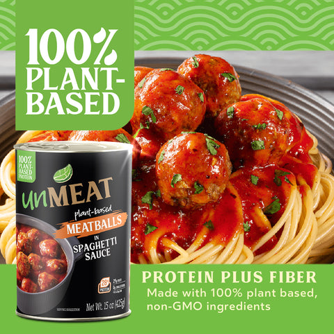 UnMEAT plant-based meatballs in spaghetti sauce with a can of UnMEAT in the foreground on a green background.