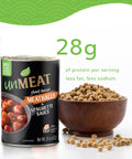 Can of 'unMEAT' plant-based meatballs with a bowl of soybeans and text about protein content.