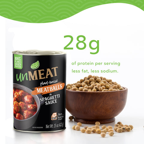 Can of 'unMEAT' plant-based meatballs with a bowl of soybeans and text about protein content.