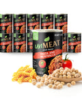 UnMeat plant-based pasta and meatballs 12-pack cans with ingredients on a white background