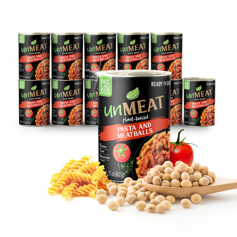 UnMeat plant-based pasta and meatballs 12-pack cans with ingredients on a white background