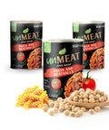 Three cans of 'UnMeat' pasta and meatballs with ingredients like pasta, beans, and a tomato on a white background.