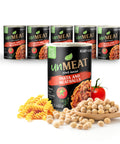 Six cans of 'UnMeat' pasta and meatballs with ingredients on a white background