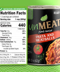 Can of 'unMEAT' plant-based pasta and meatballs with nutrition facts label on a green background