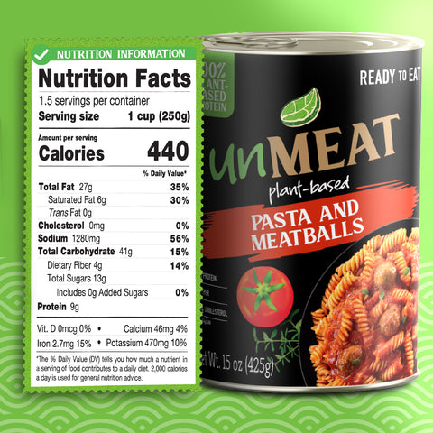 Can of 'unMEAT' plant-based pasta and meatballs with nutrition facts label on a green background