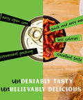 Split image of a can with a green background and of pasta and meatballs  with text on wooden surface, promoting convenience and taste.