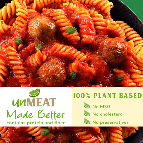 UnMeat pasta with meatballs in a red sauce on a plate, featuring product health benefits.