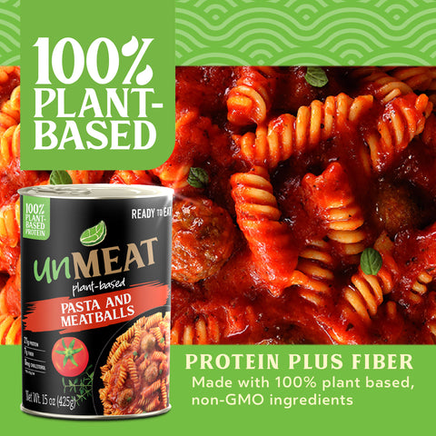 Can of 'unMEAT' plant-based pasta and meatballs with pasta dish on green background
