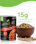 Can of 'unMEAT' plant-based pasta and meatballs with a bowl of beans and text about protein content.