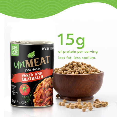Can of 'unMEAT' plant-based pasta and meatballs with a bowl of beans and text about protein content.