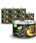 Twelve cans of 'unMEAT' roast beef style on a white background