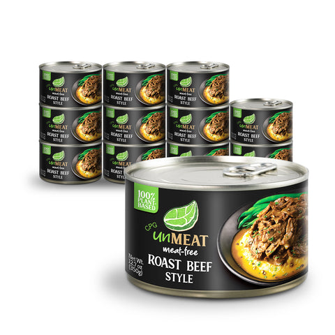 Twelve cans of 'unMEAT' roast beef style on a white background
