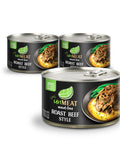 Three cans of 'UnMeat' roast beef style on a white background