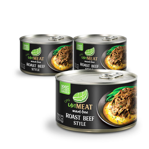 Three cans of 'UnMeat' roast beef style on a white background