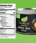 Can of 'unMEAT' meat-free roast beef style on a green background with nutrition facts label.