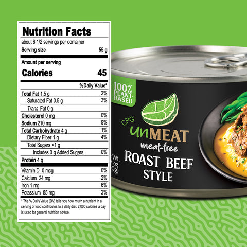 Can of 'unMEAT' meat-free roast beef style on a green background with nutrition facts label.