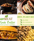 Collage of plant-based roast beef style dishes with 'unMEAT' branding and health benefits text.