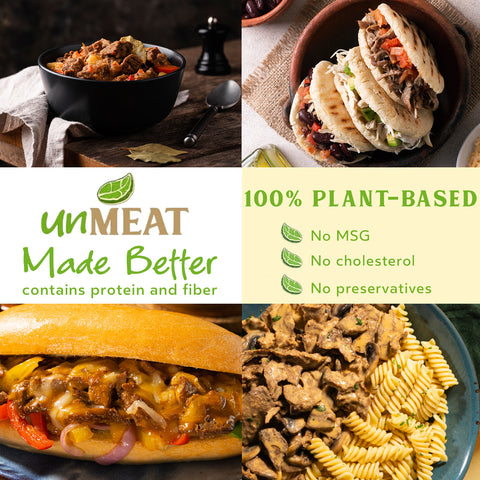 Collage of plant-based roast beef style dishes with 'unMEAT' branding and health benefits text.