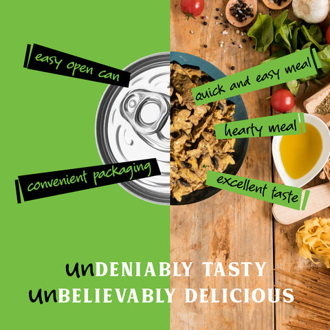 Canned UnMeat roast beef style plated with text highlighting convenience, taste, and meal preparation.
