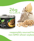 UnMeat roast beef style product with non-GMO soybeans 26 grams of protein on a white background
