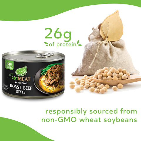 UnMeat roast beef style product with non-GMO soybeans 26 grams of protein on a white background