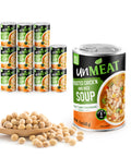 UnMeat roasted chicken and rice soup 12-pack cans with a scoop of beans on a white background