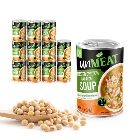 UnMeat roasted chicken and rice soup 12-pack cans with a scoop of beans on a white background