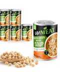 6 Cans of UnMEAT roasted chicken and rice soup with a wooden spoonful of beans on a white background