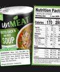 UnMeat roasted chicken and rice soup packaging with nutrition facts label on a black background